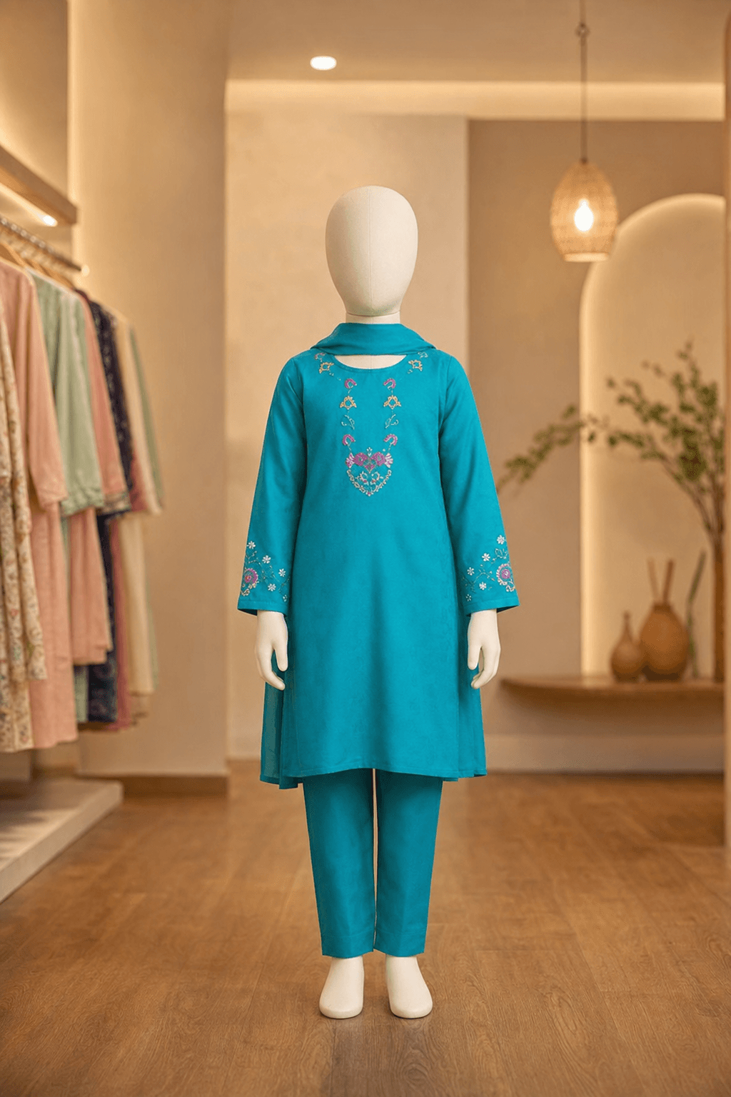 EMB 2 Pc Cotton Suit Aqua