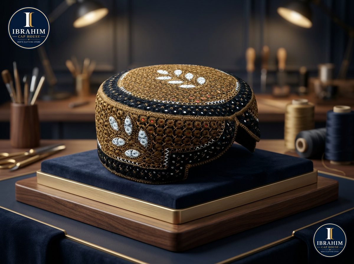 Gold and black embroidered cap on a premium display