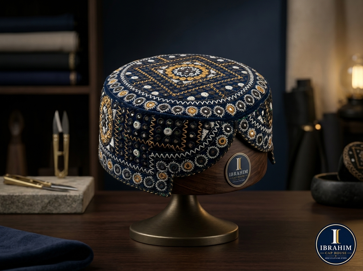 Navy embroidered cap displayed on a stand