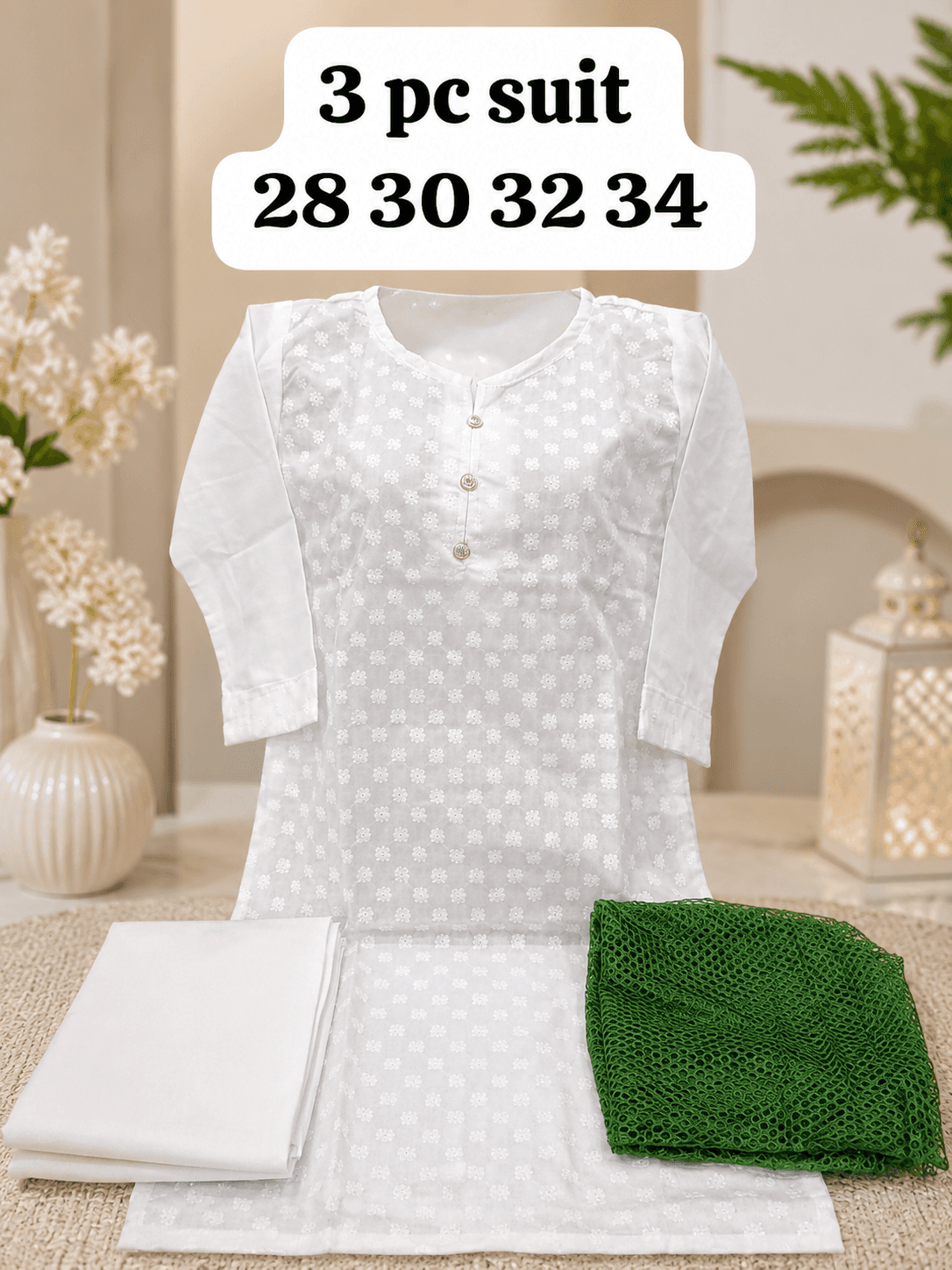 14 August Girls 3 Piece Suit - White Chikankari Classic V Neck