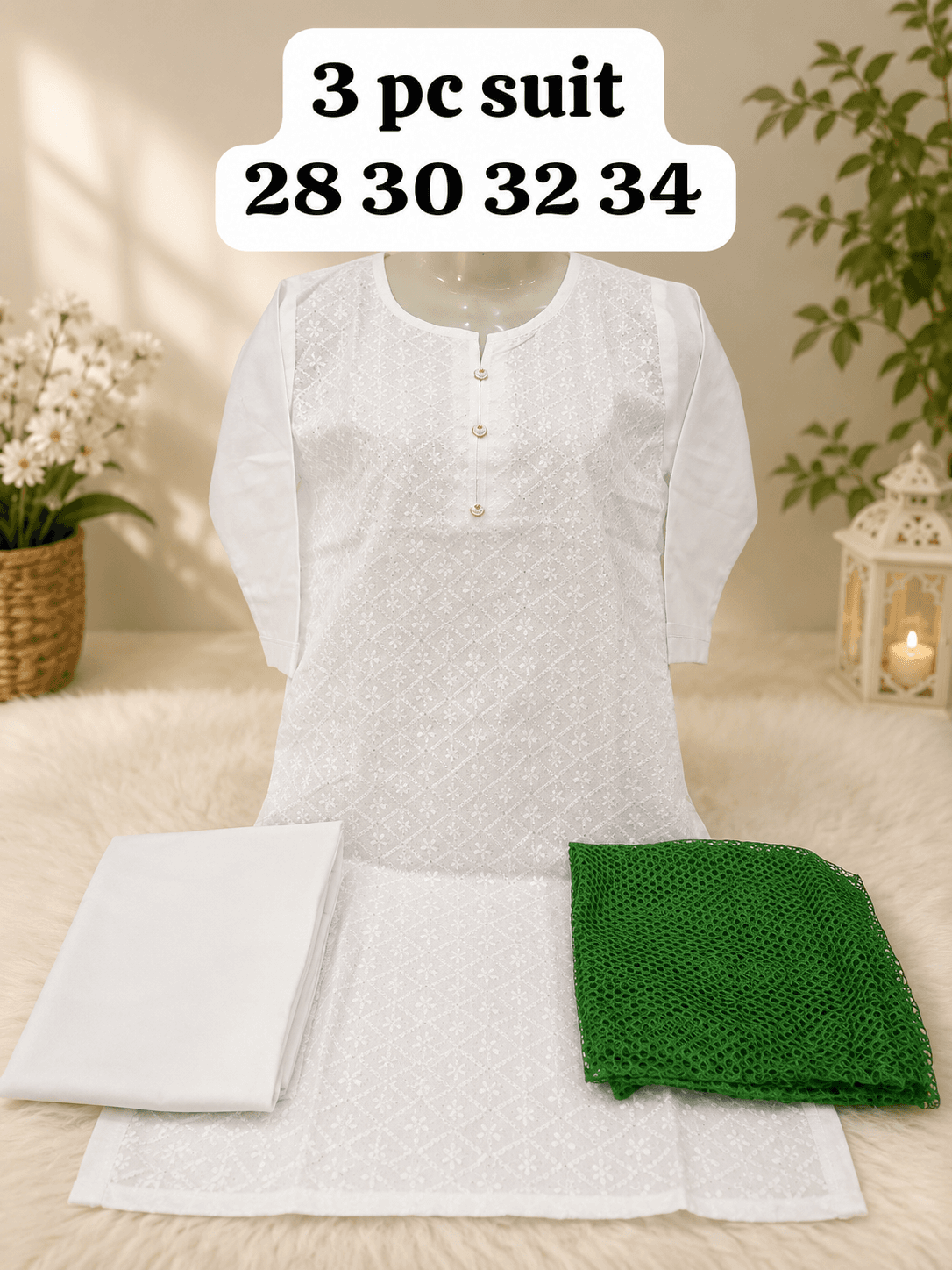 14 August Girls 3 Piece Suit - White Chikankari Diamond Pattern