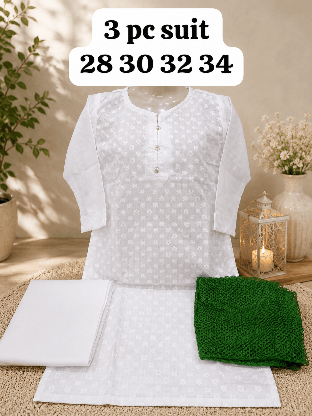 14 August Girls 3 Piece Suit - White Chikankari Floral Round Neck