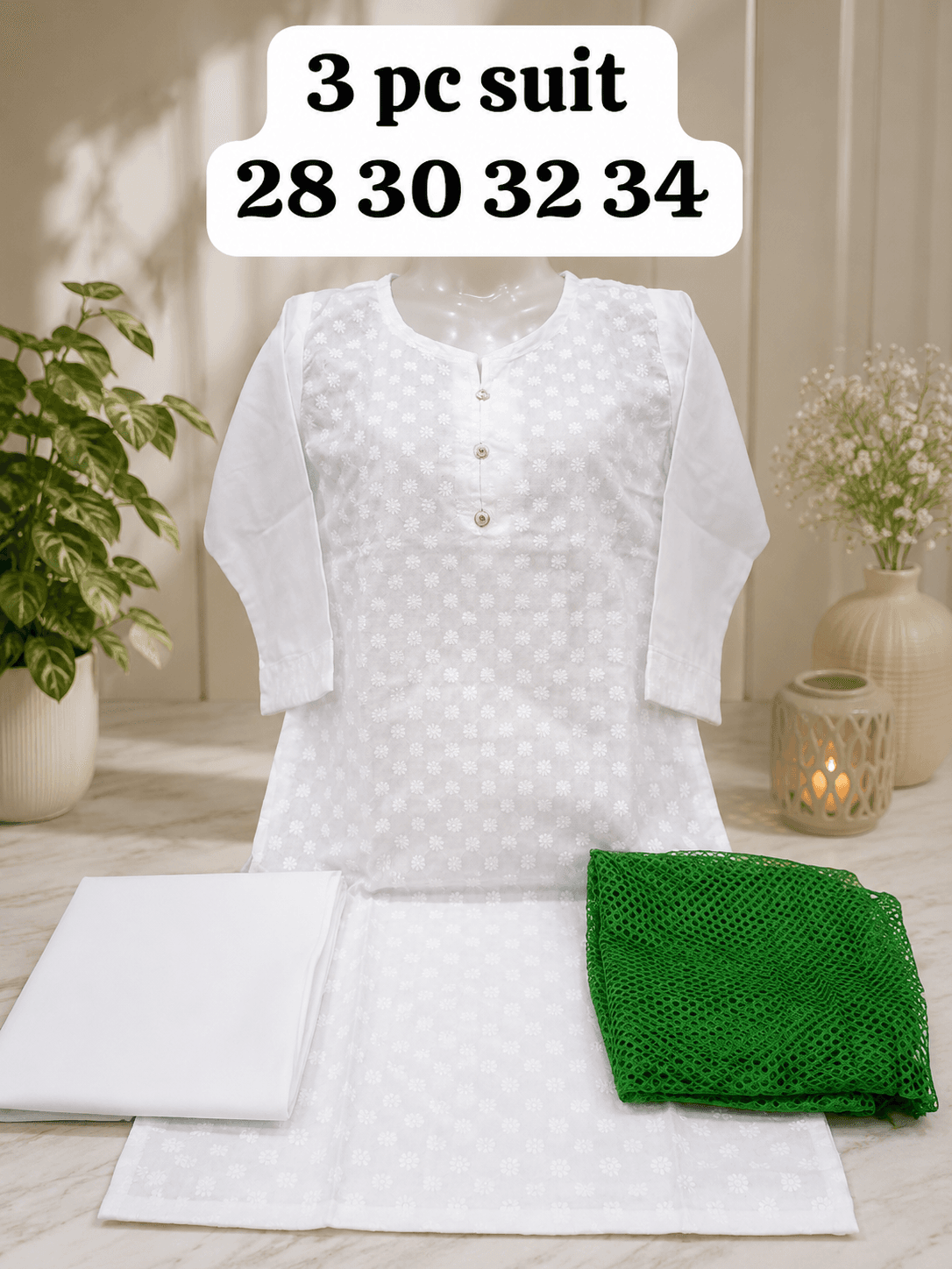 14 August Girls 3 Piece Suit - White Chikankari Floral Soft V Neck