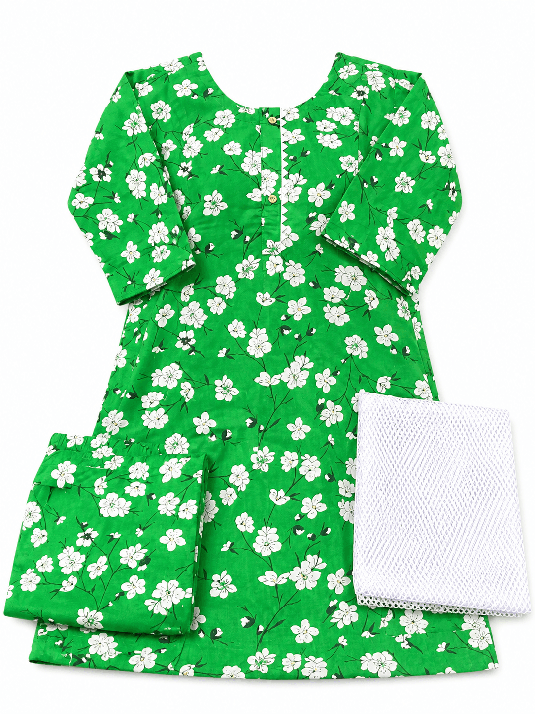 Pakistan Independence Day 3 Piece Suit for Girls - Bright Green White Blossom