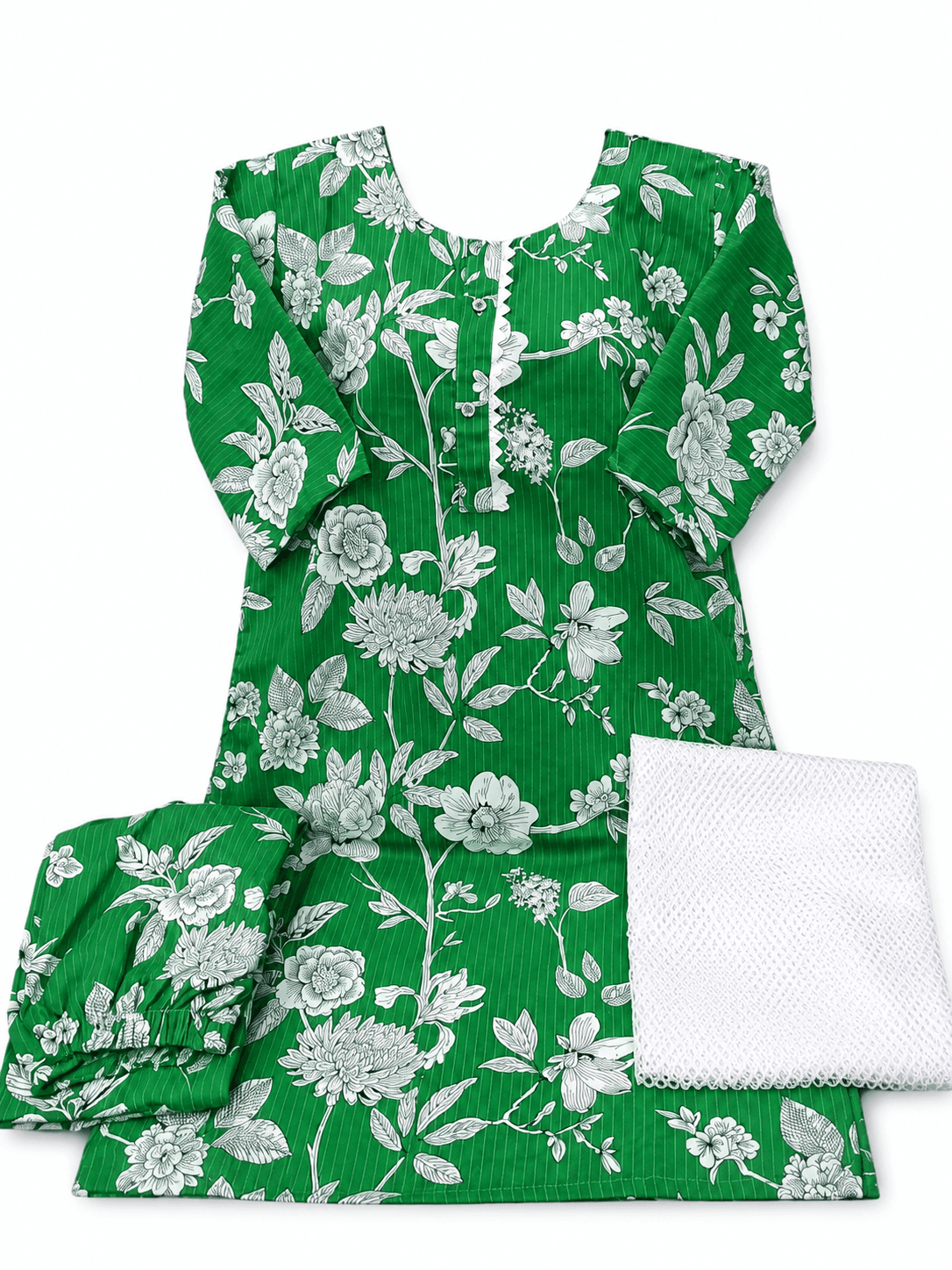 Pakistan Independence Day 3 Piece Suit for Girls - Green White Botanical Floral