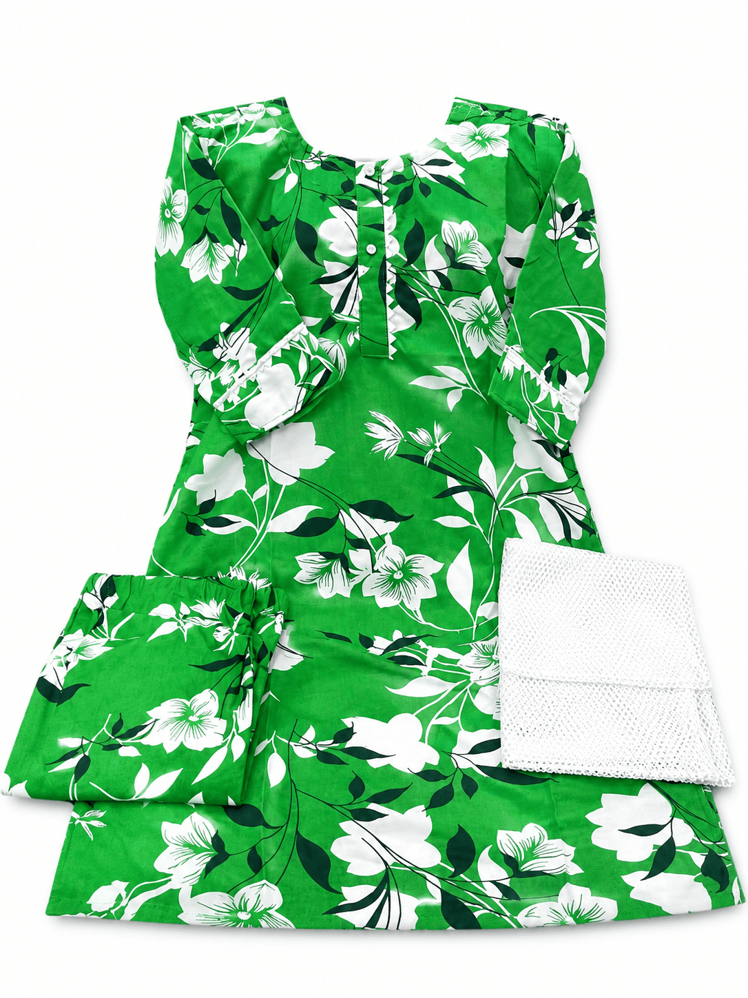 Pakistan Independence Day 3 Piece Suit for Girls - Green White Large Floral
