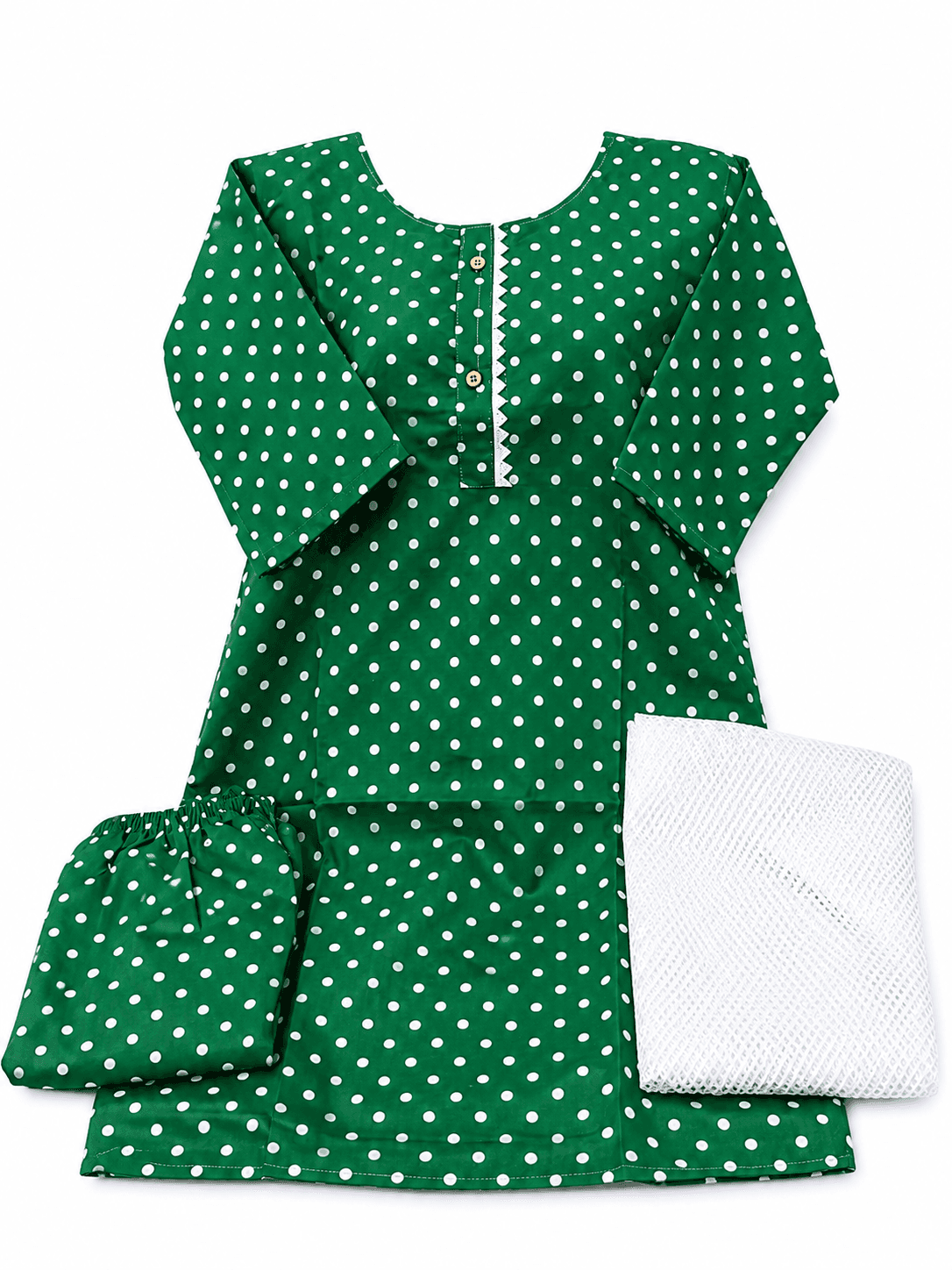 Pakistan Independence Day 3 Piece Suit for Girls - Green White Polka Dot