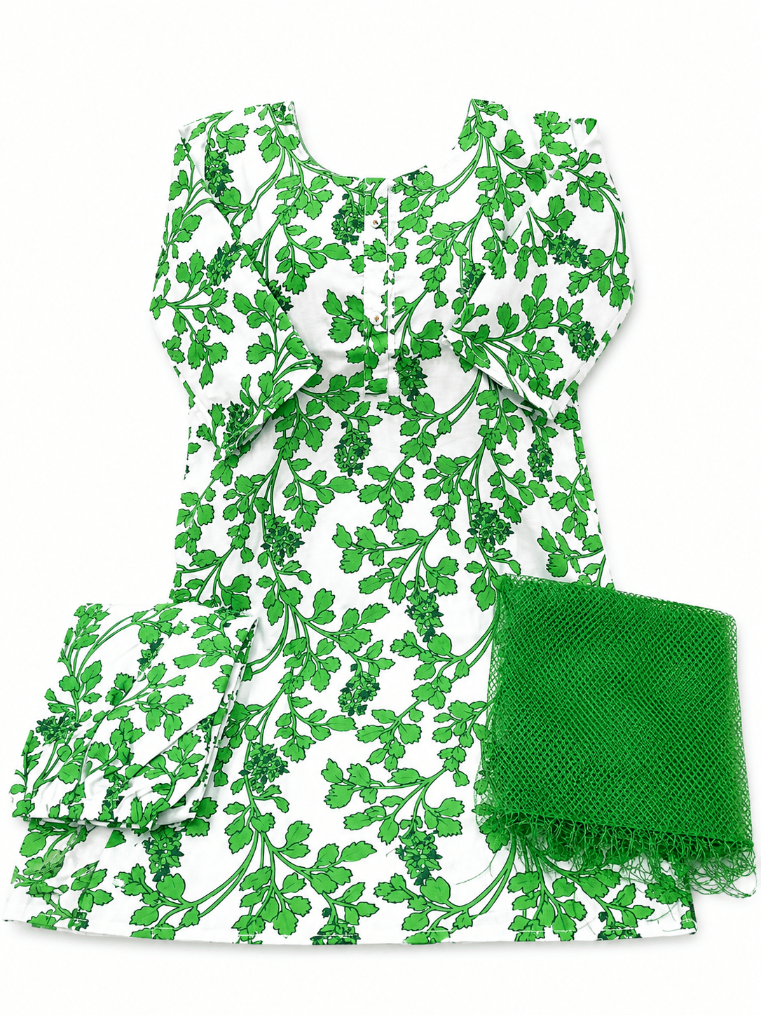 Pakistan Independence Day 3 Piece Suit for Girls - White Green Botanical Vine
