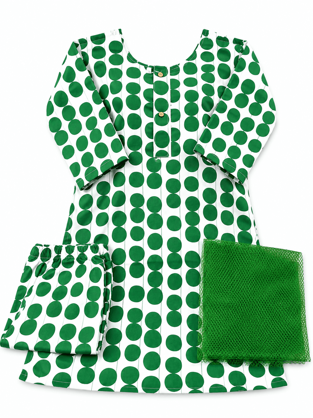Pakistan Independence Day 3 Piece Suit for Girls - White Green Circle Print