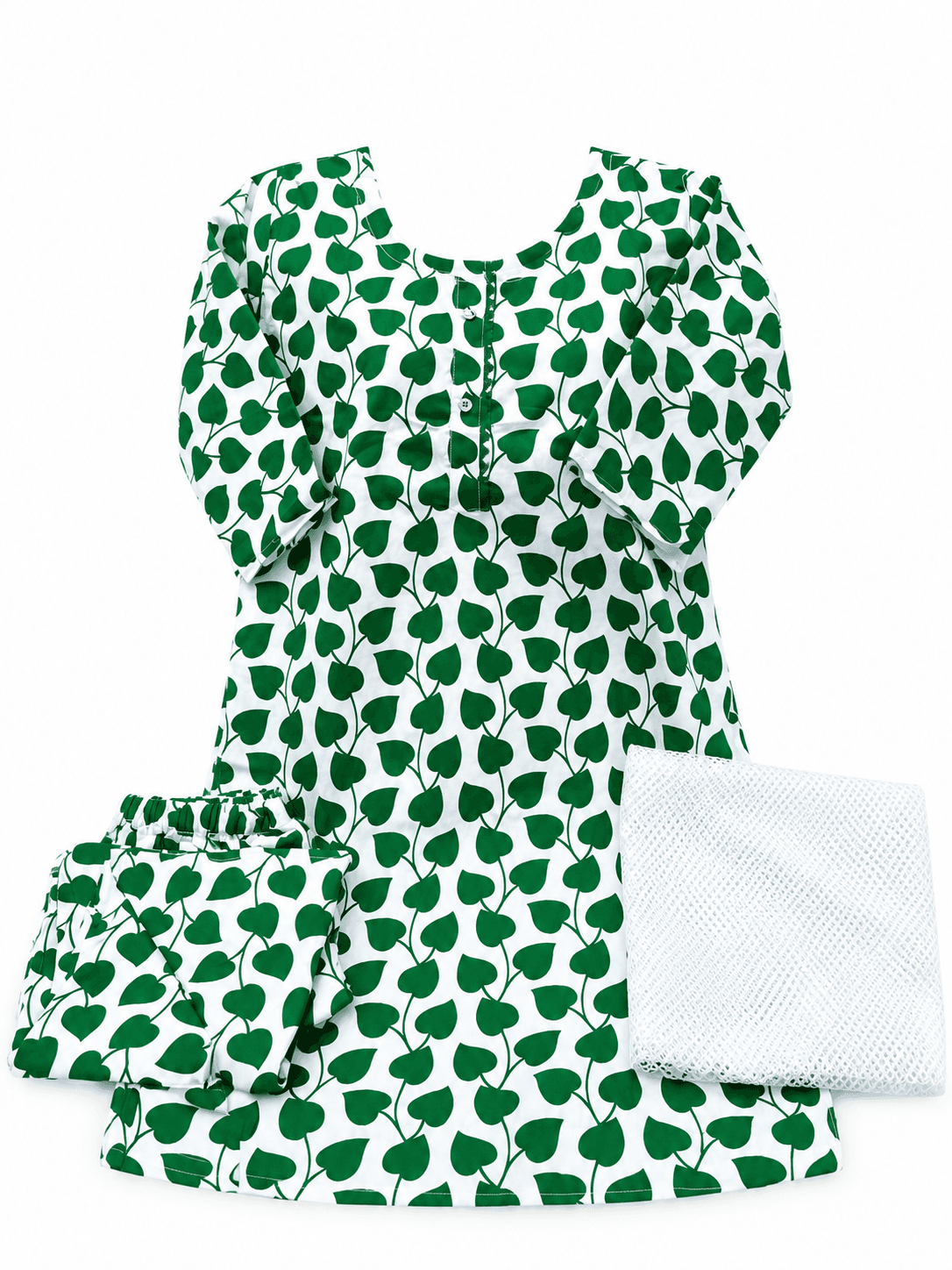 Pakistan Independence Day 3 Piece Suit for Girls - White Green Heart Leaf