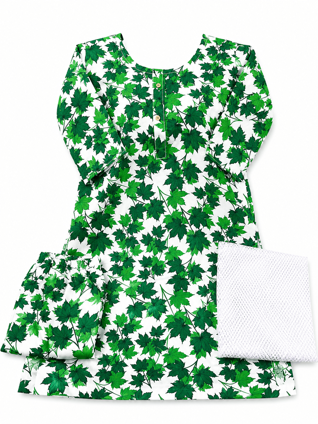 Pakistan Independence Day 3 Piece Suit for Girls - White Green Maple Leaf