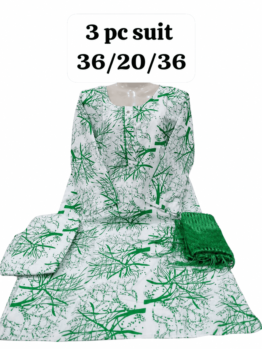 14 August Green & White 3 Piece Suit – Green Abstract Branch – Standard Size