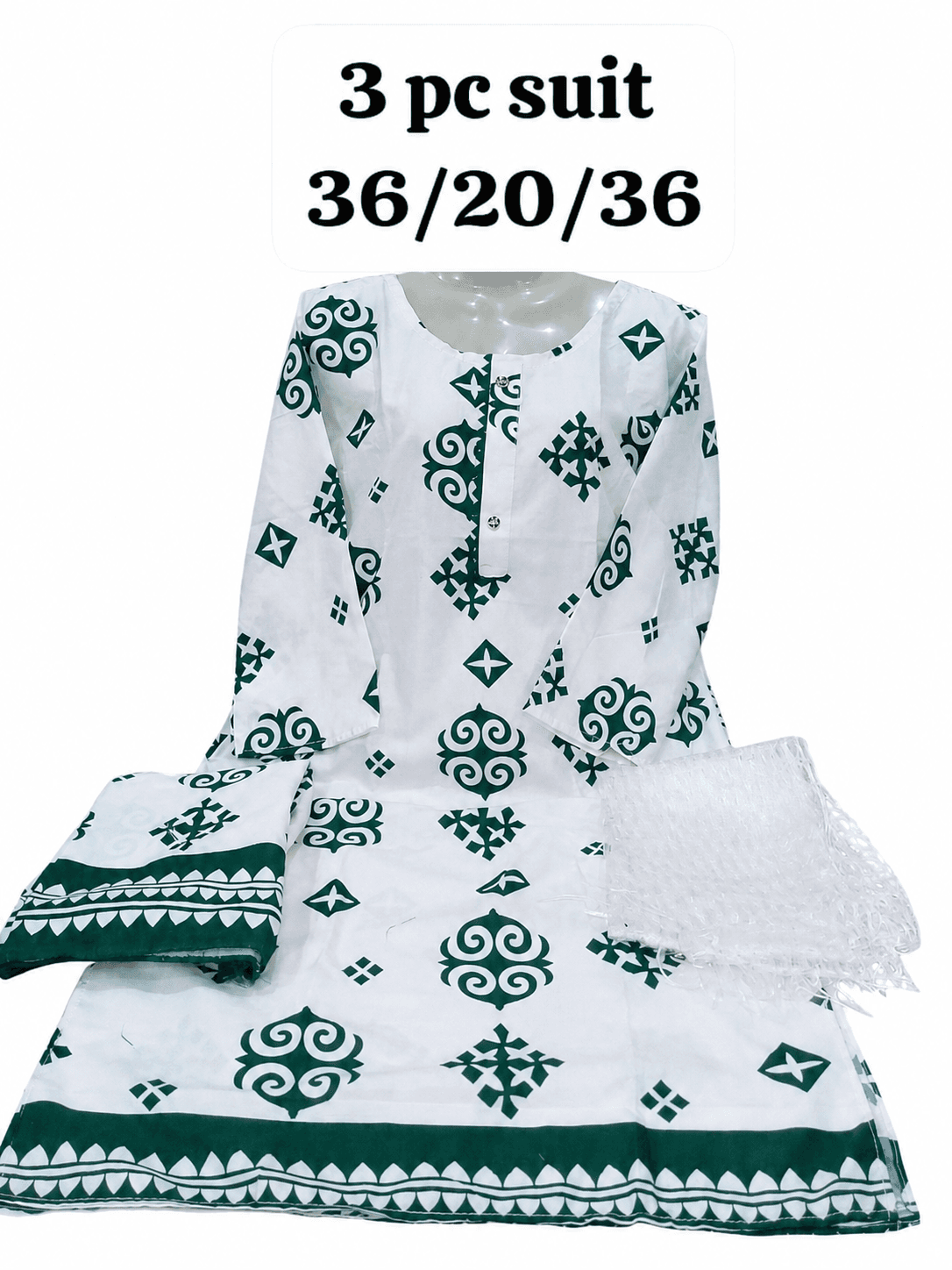 14 August Green & White 3 Piece Suit – Green Geometric Motif – Standard Size