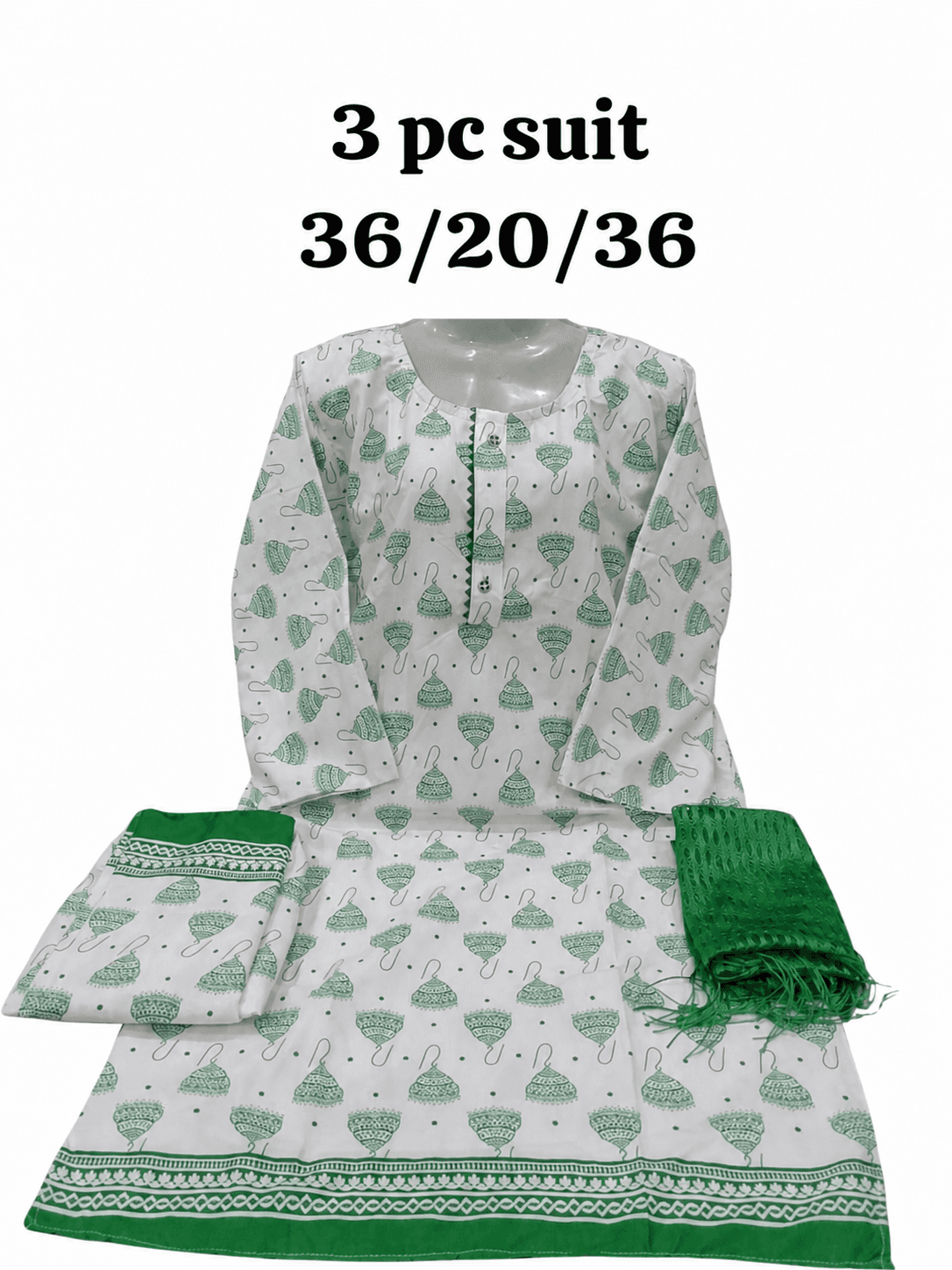 14 August Green & White 3 Piece Suit – Green Jhumka Print – Standard Size