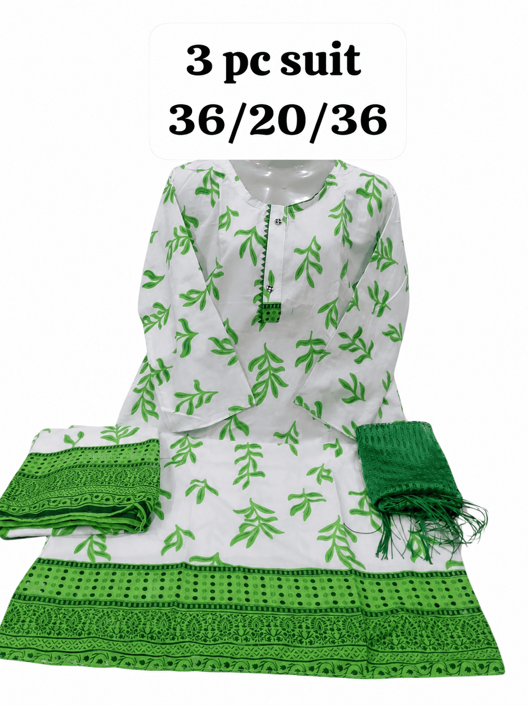 14 August Green & White 3 Piece Suit – Light Green Leaf Border – Standard Size