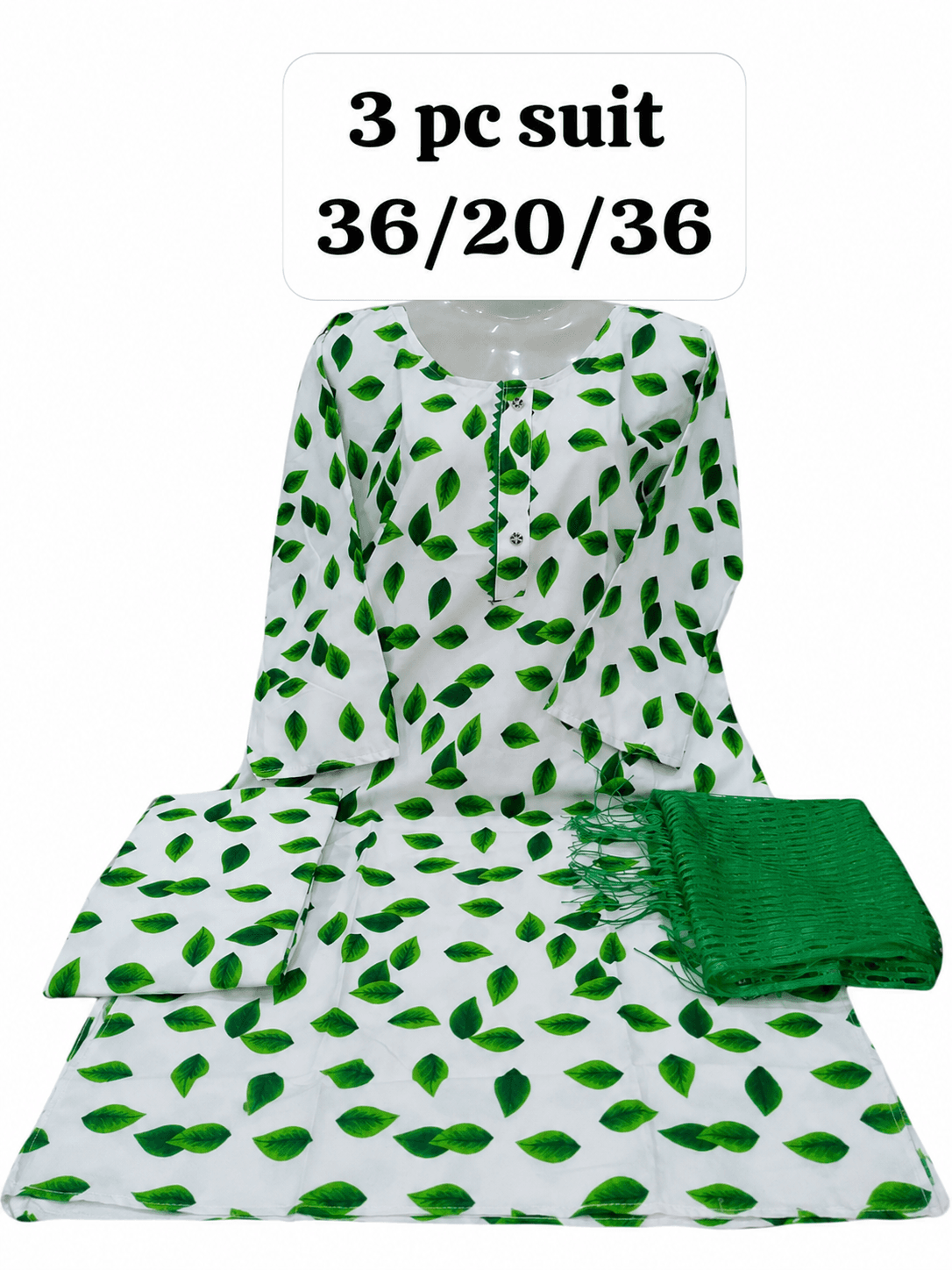14 August Green & White 3 Piece Suit – White & Green Leaf – Standard Size