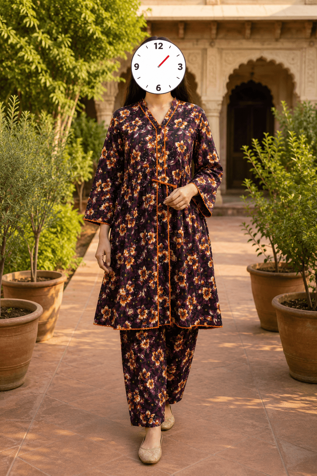 Al Karam Kasturi Pure Lawn 2 Piece Suit - Dark Plum Orange Floral