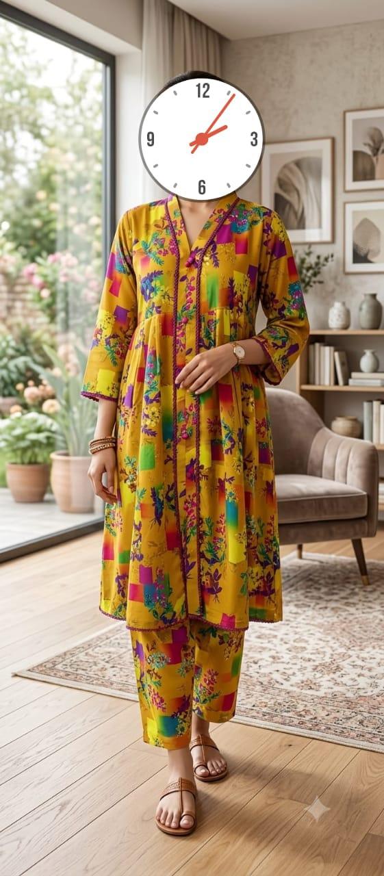 Al Karam Kasturi Pure Lawn 2 Piece Suit - Mustard Geometric Floral