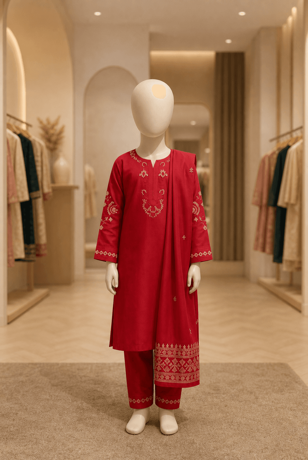 EMB 2 Pc Cotton Suit Deep Red