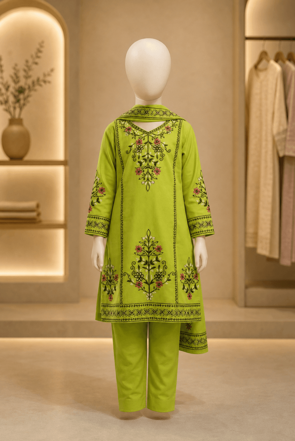 EMB 2 Pc Cotton Suit Lime Green