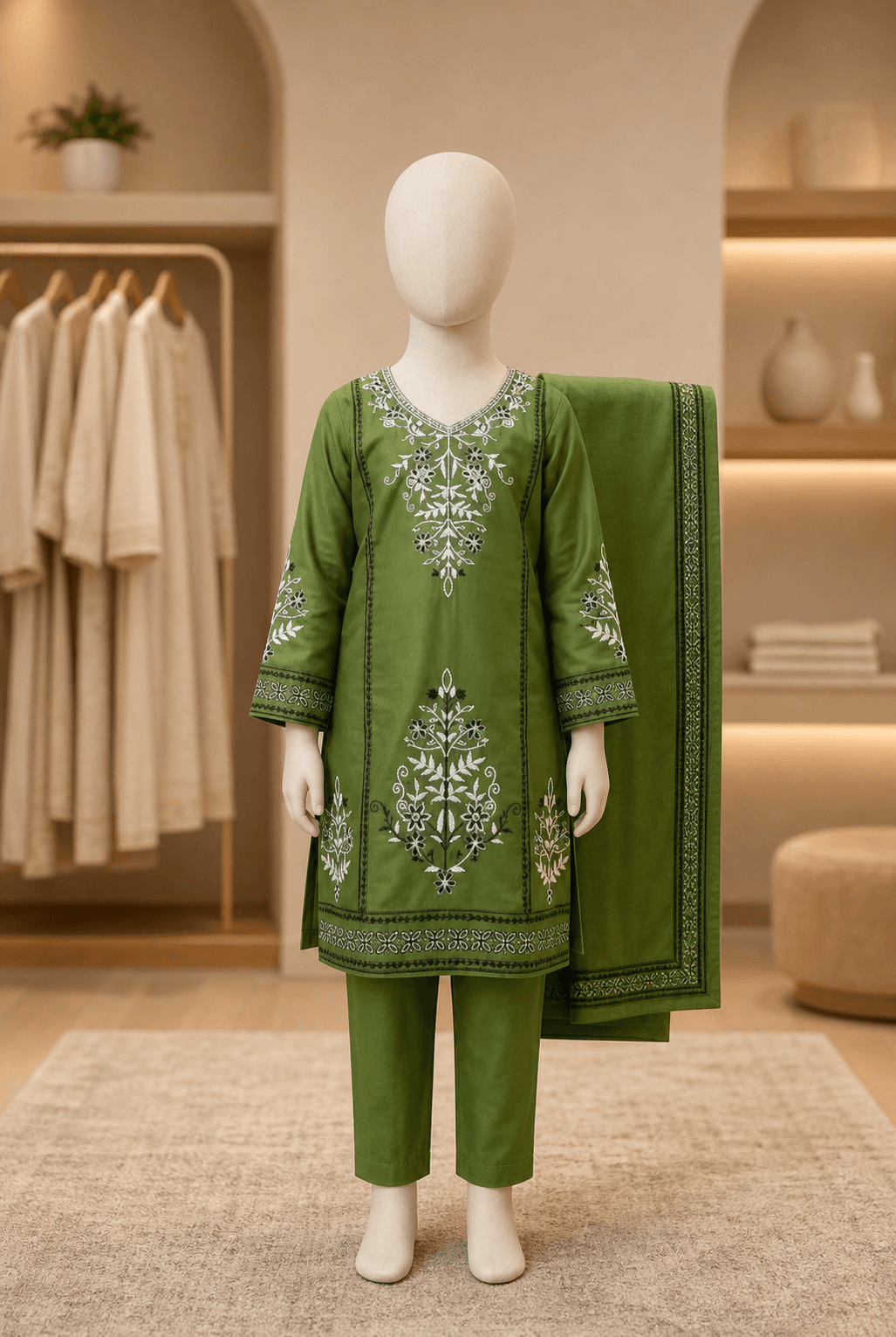 EMB 2 Pc Cotton Suit Olive Green