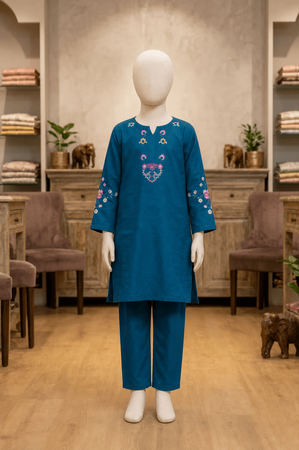 EMB 2 Pc Cotton Suit Peacock Blue