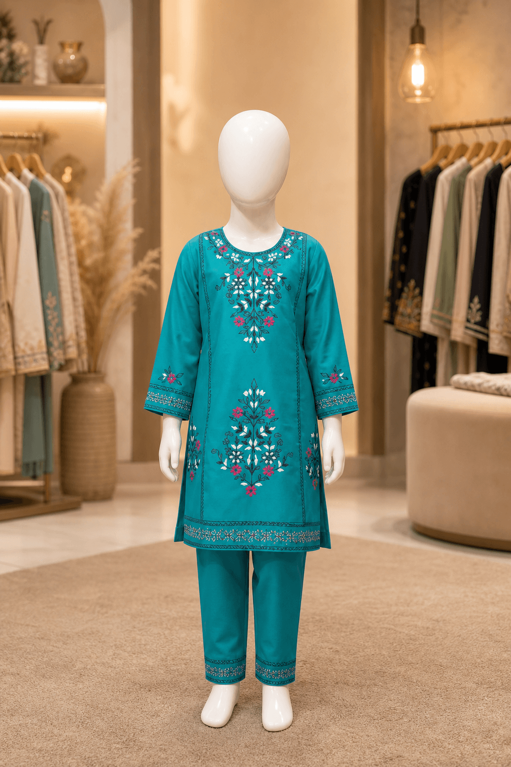 EMB 2 Pc Cotton Suit Turquoise
