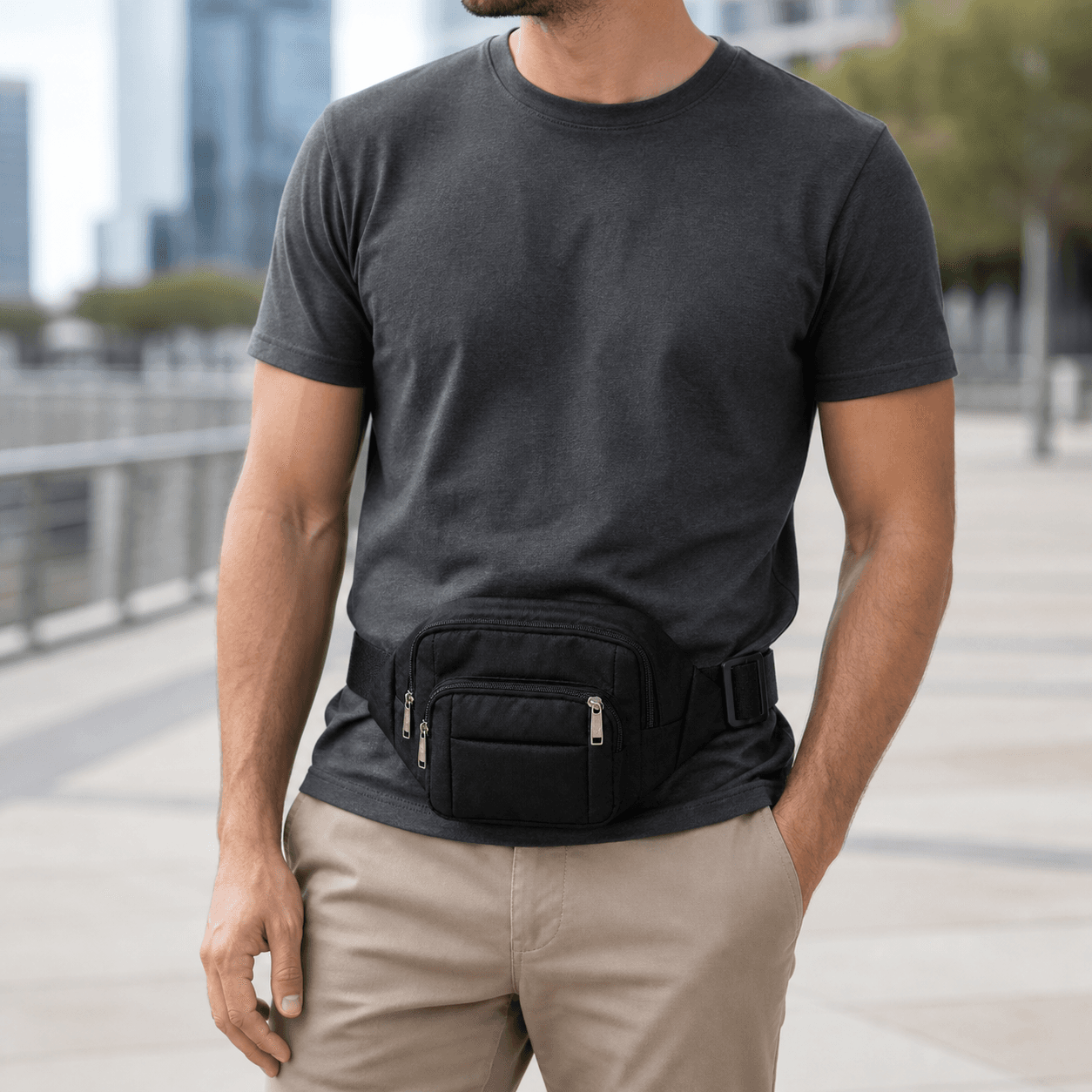 Unisex 4-Pocket Travel Waist Bag - Black