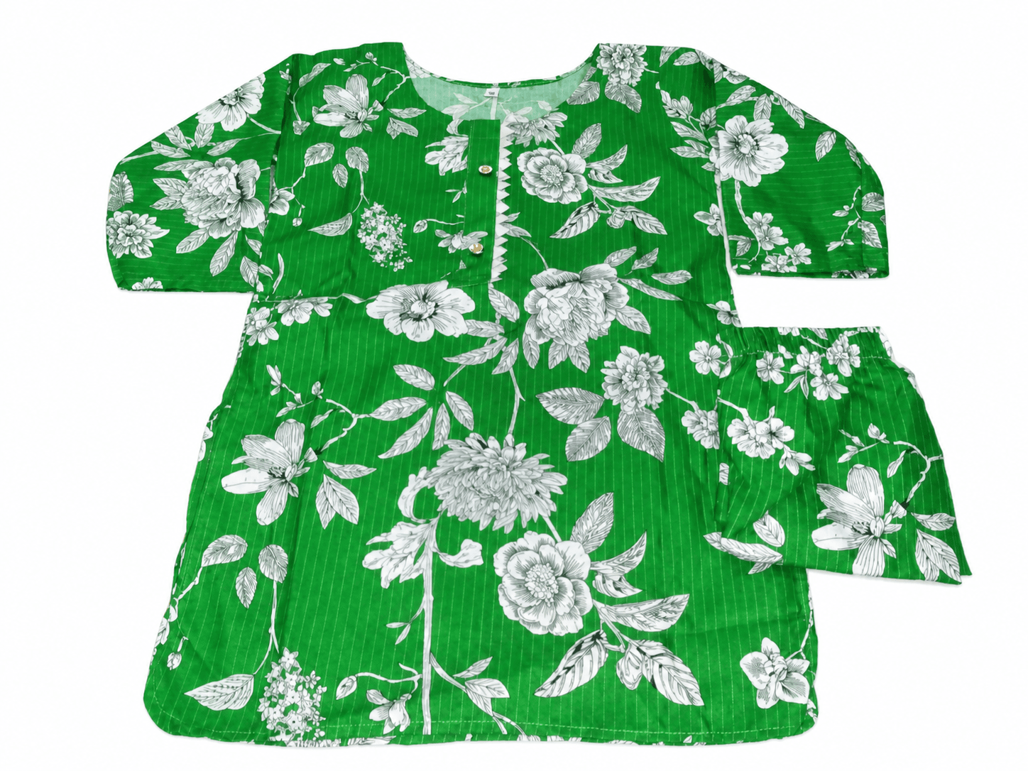 Pakistan Independence Day 2 Piece Suit for Girls - Green White Large Floral