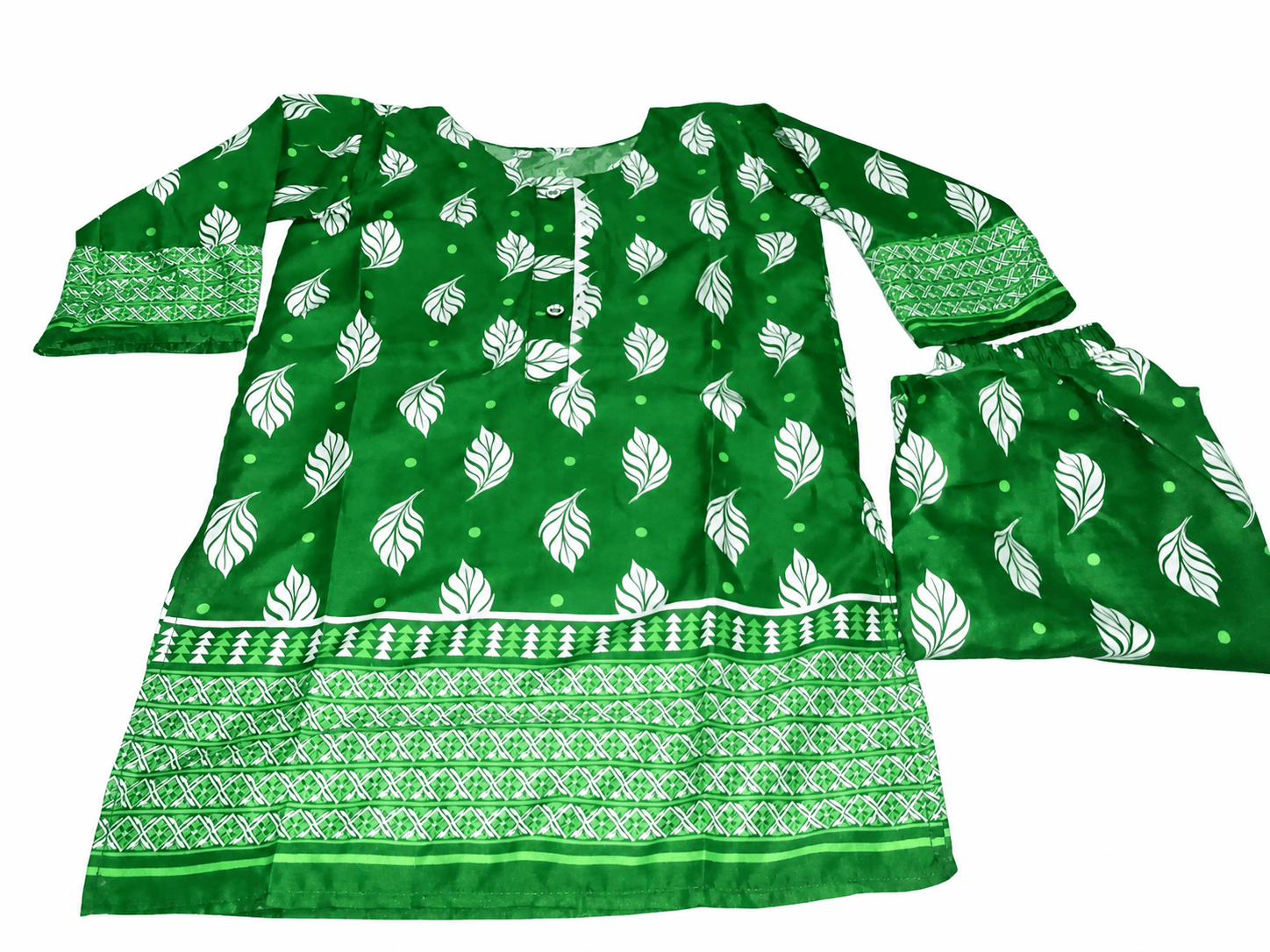 Pakistan Independence Day 2 Piece Suit for Girls - Green White Leaf Border