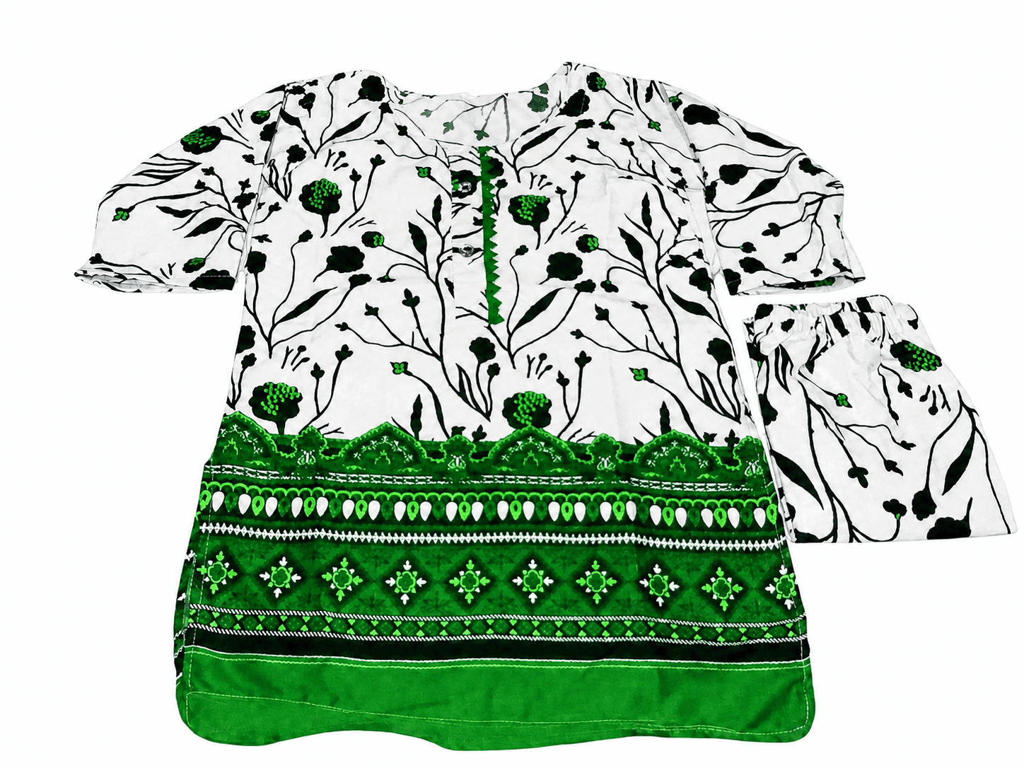 Pakistan Independence Day 2 Piece Suit for Girls - White Green Botanical Border