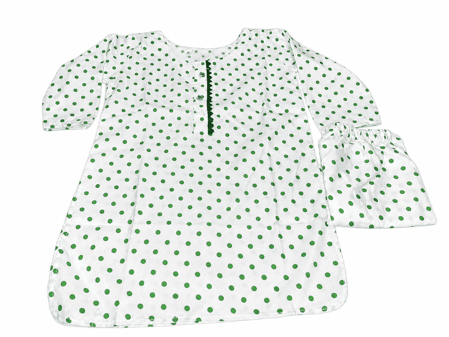Pakistan Independence Day 2 Piece Suit for Girls - White Green Polka Dot