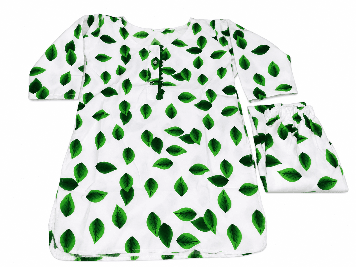 Pakistan Independence Day 2 Piece Suit for Girls - White Green Scattered Leaf