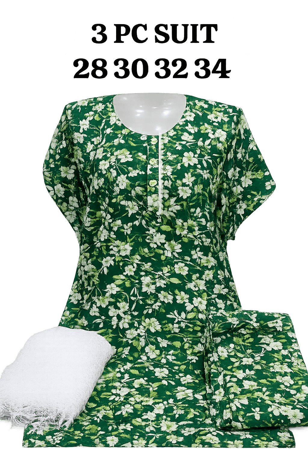 Pakistan Independence Day 3 Piece Suit for Girls - Green White Floral Closeup