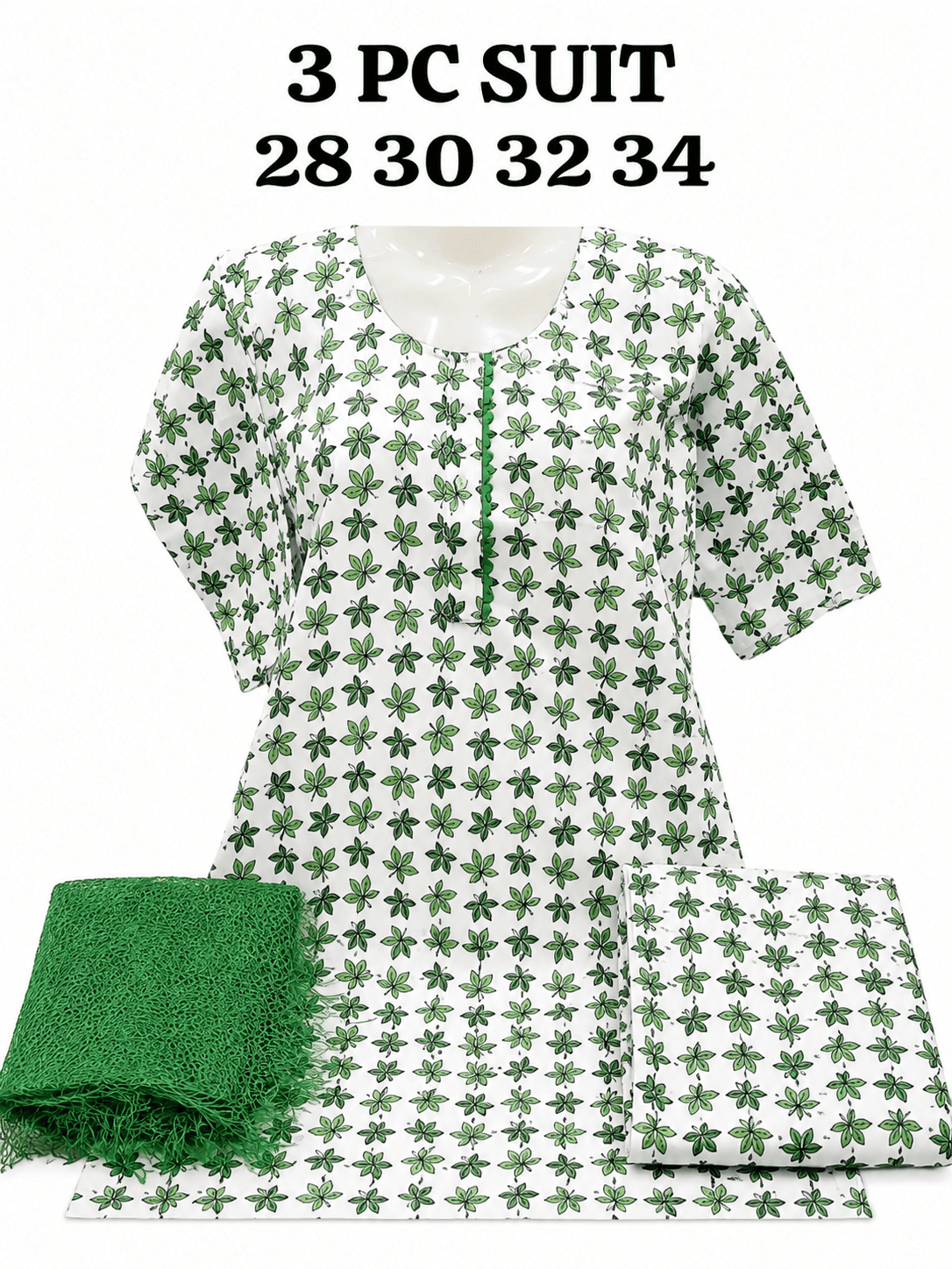 Pakistan Independence Day 3 Piece Suit for Girls - White Clover Print Closeup
