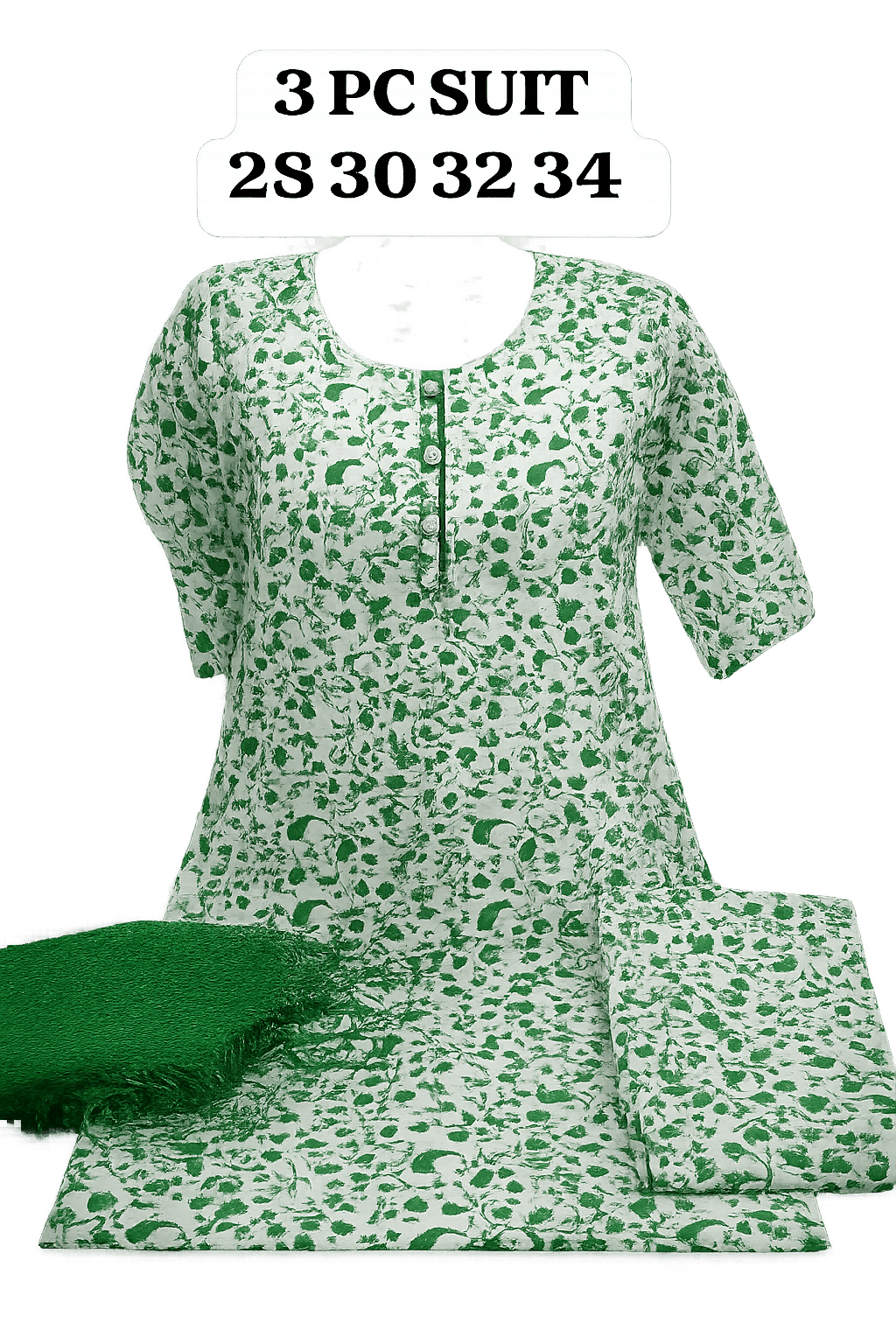 Pakistan Independence Day 3 Piece Suit for Girls - White Green Splash Closeup