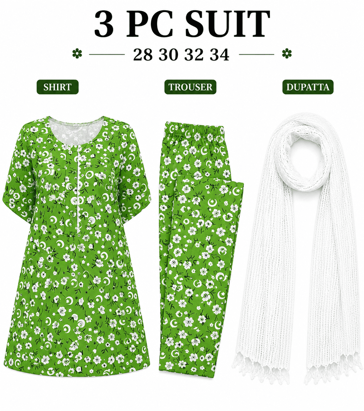 Pakistan Independence Day 3 Piece Suit for Girls - Crescent Floral