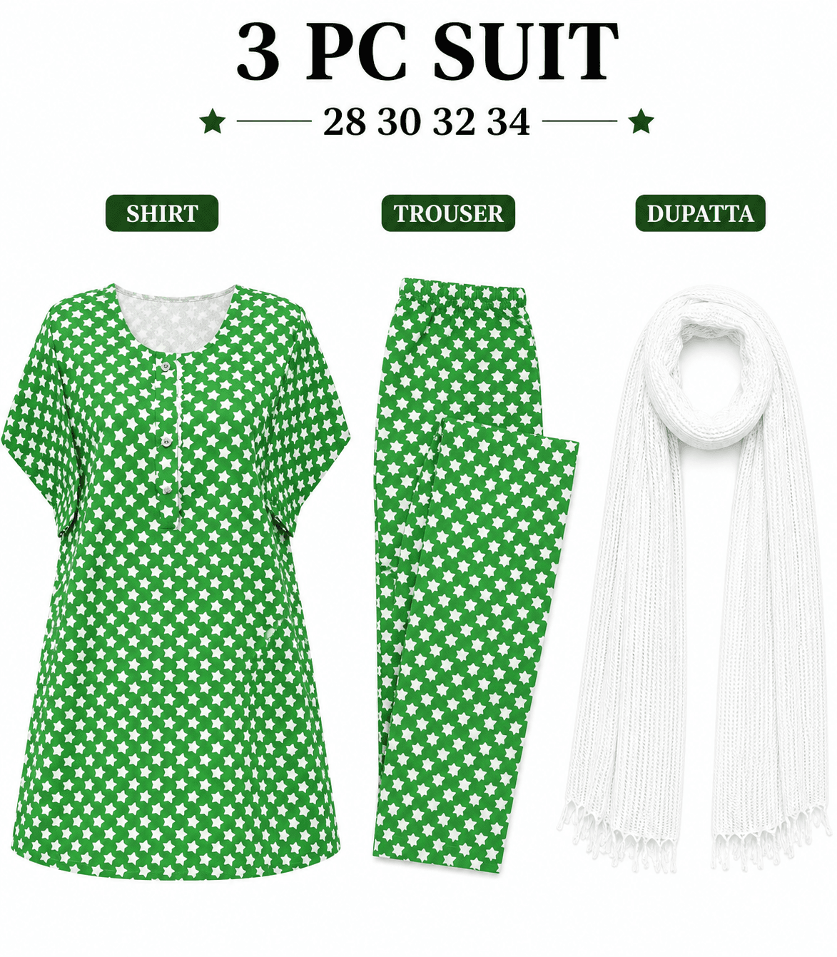 Pakistan Independence Day 3 Piece Suit for Girls - Star Print