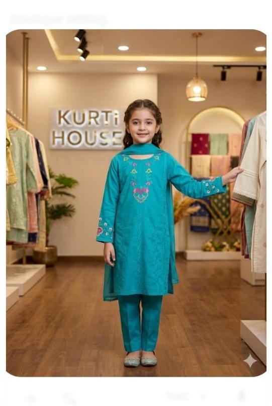 EMB 2 Pc Cotton Suit Aqua