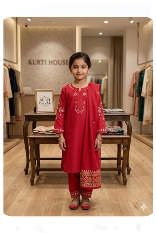 EMB 2 Pc Cotton Suit Deep Red