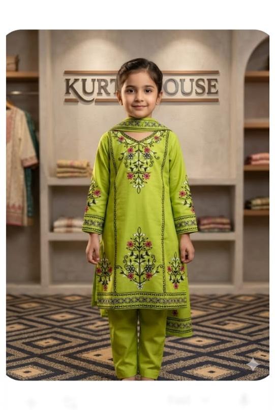 EMB 2 Pc Cotton Suit Lime Green