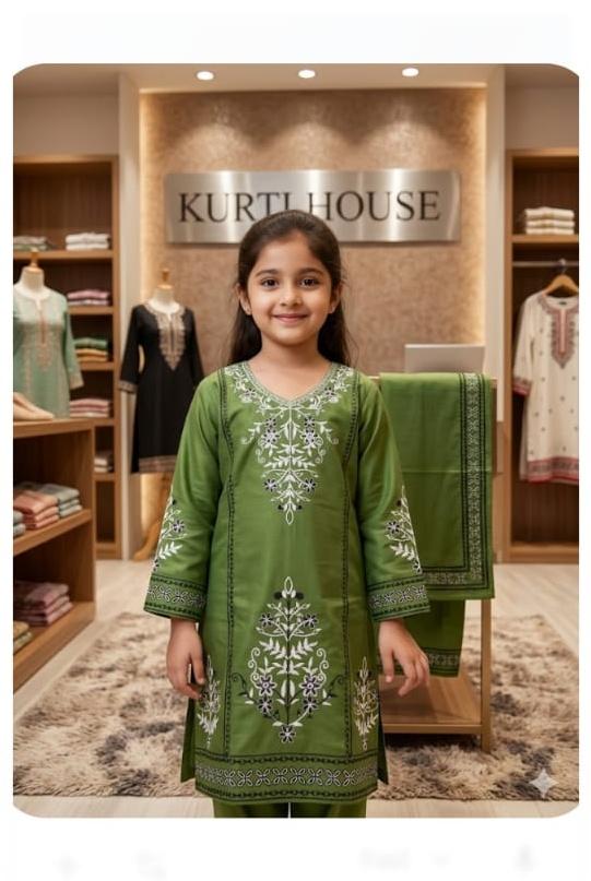 EMB 2 Pc Cotton Suit Olive Green