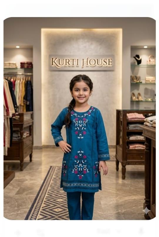 EMB 2 Pc Cotton Suit Teal Blue