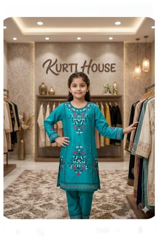 EMB 2 Pc Cotton Suit Turquoise
