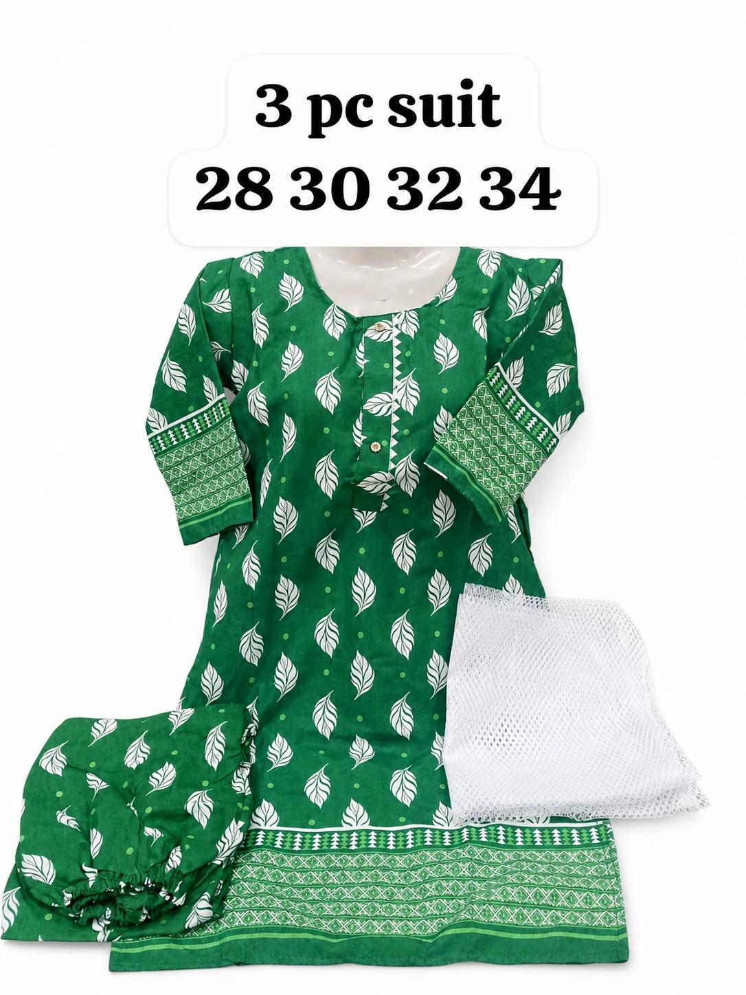 Girls 14 August 3 Piece Suit - Green White Leaf Border