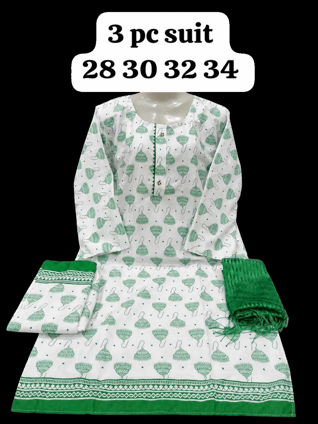 Girls 14 August 3 Piece Suit - White Green Basket Print