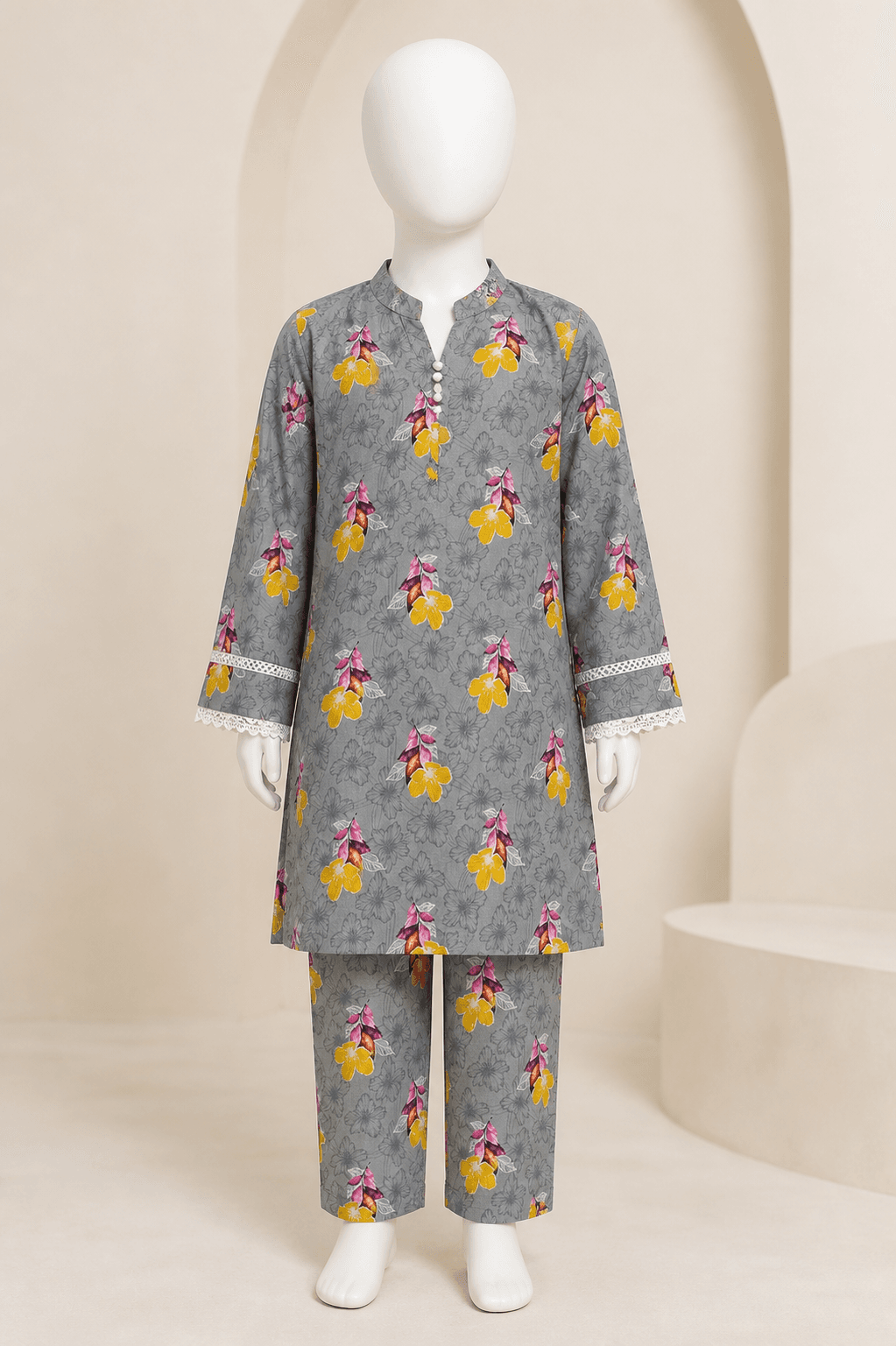 Girls Grey Mustard Floral Pure Lawn 2 Piece Suit