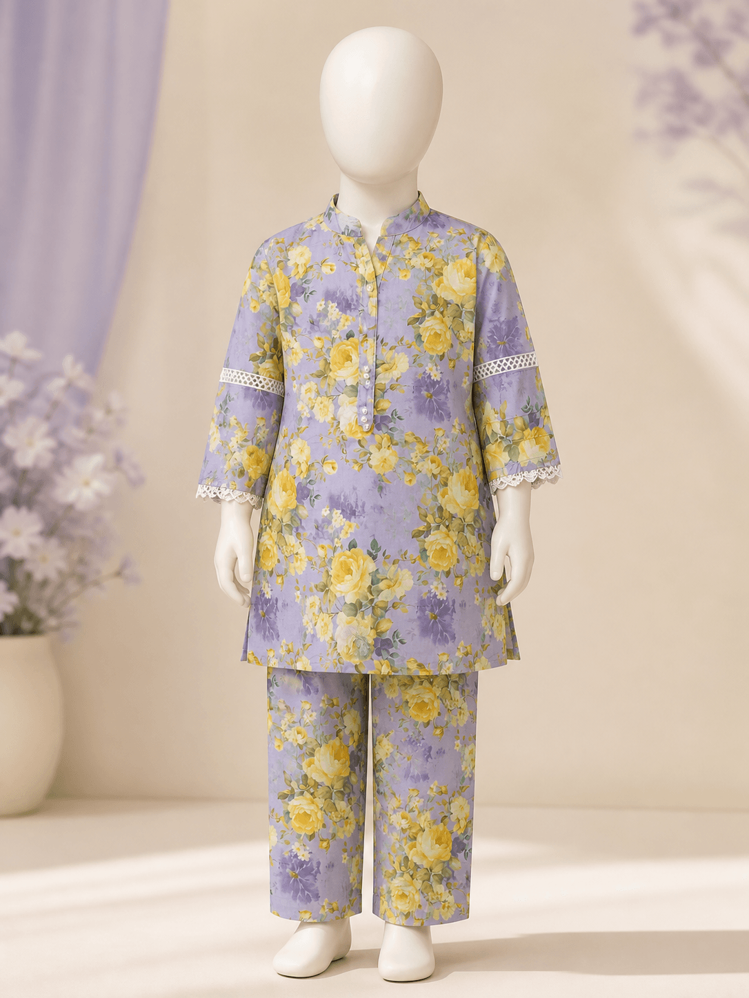 Girls Lavender Yellow Floral 2 Piece Suit