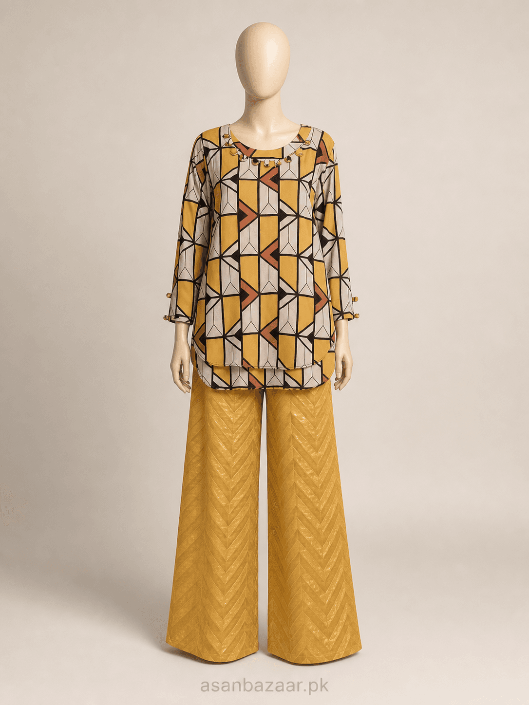 Girls Mustard Geometric Silk Palazzo and Georgette Blouse 2 Piece Set