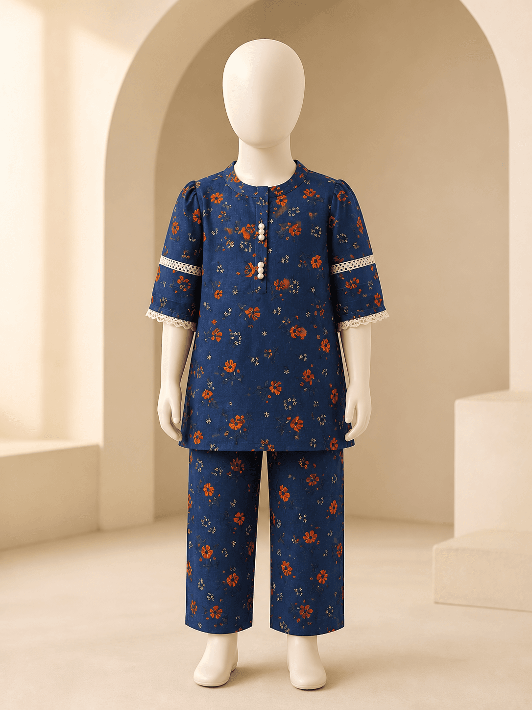 Girls Navy Orange Floral 2 Piece Suit